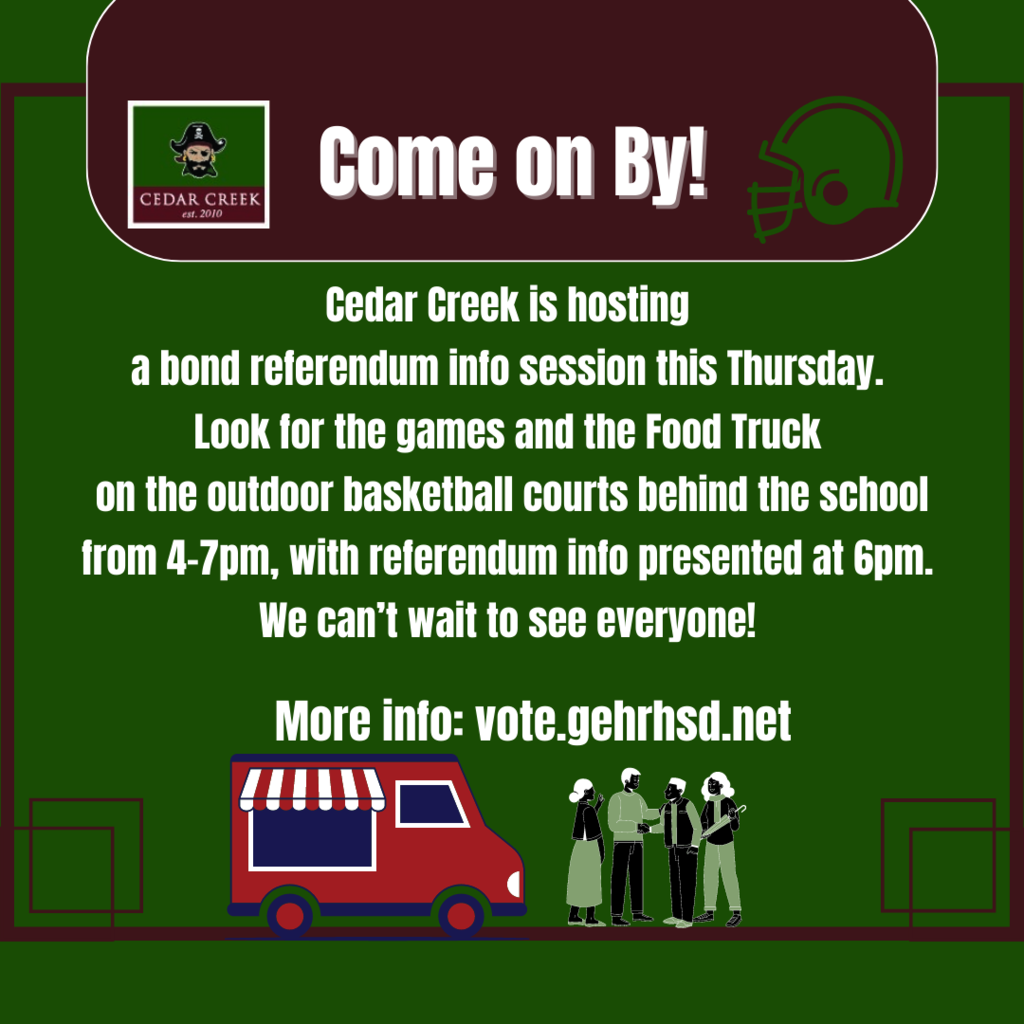 Creek will host a bond referendum info session this Thursday. Look for the games and the Food Truck on the outdoor basketball courts behind the school from 4-7pm, with referendum info presented at 6pm. We can’t wait to see everyone!