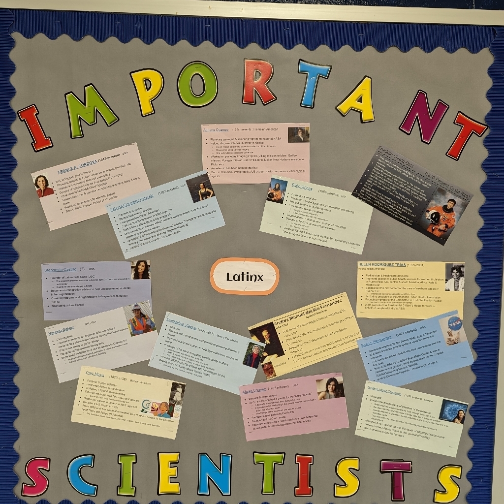 bulletin board with important Latinx scientists 