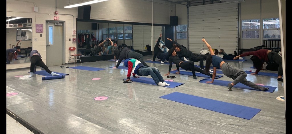 Students practicing yoga