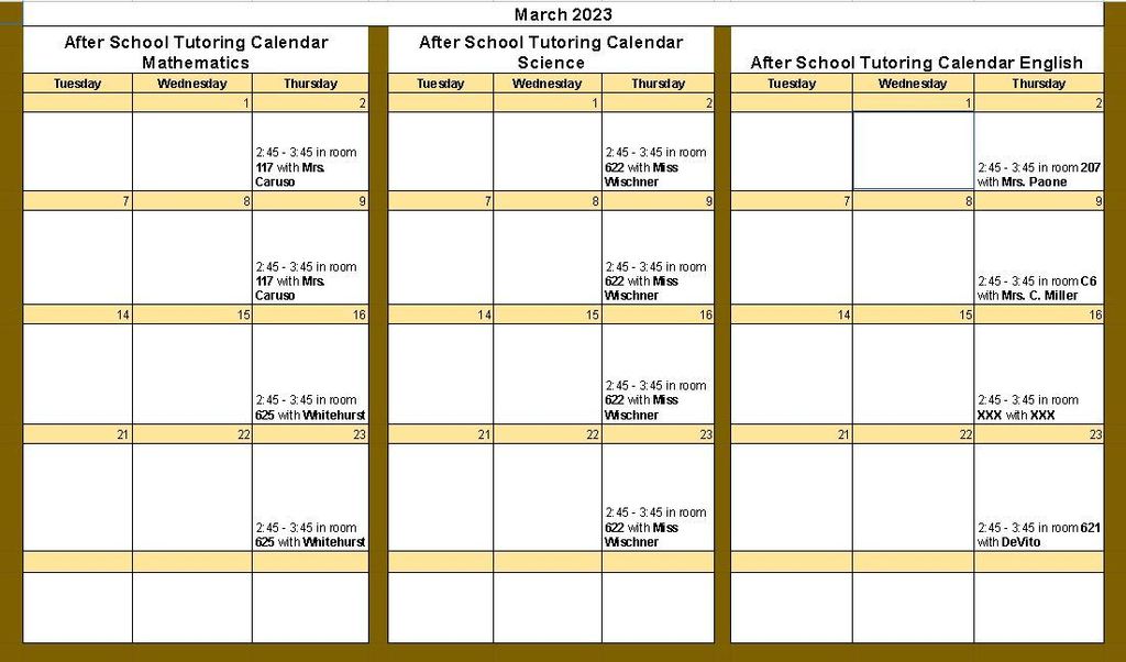 March After School tutoring Calendar