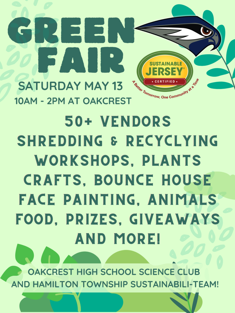Join us at Oakcrest HS this Saturday May 13th  from 10am-2pm for our annual Green Fair!!