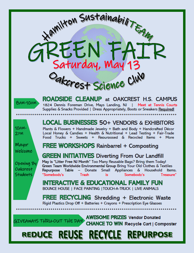 Rain or Shine, the Green Fair is from 10-2, Saturday May 13th  at Oakcrest High School!