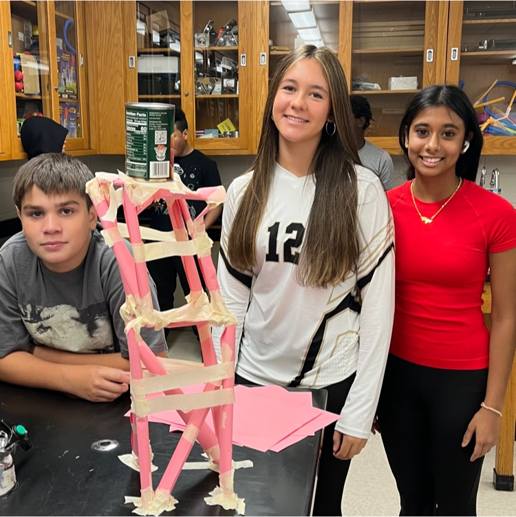 Students with their paper and tape tower